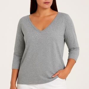 Juicy Couture Bedazzled V Neck Long Sleeve Heathered Tee Shirt Large